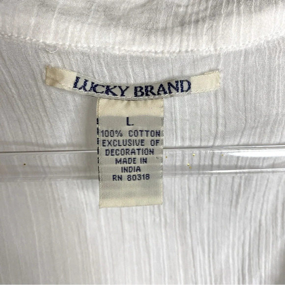 Lucky Brand Gauze Sheer White Blouse w/ Bronze Tone Embellishments Draws… - Picture 9 of 14